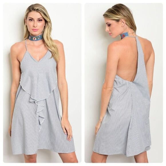 Blue Candy Stripe Mini Dress. Large. NWT. - Picture 1 of 3